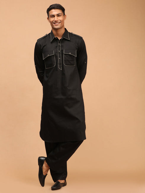 Men's Black Cotton Blend Pathani Suit Set